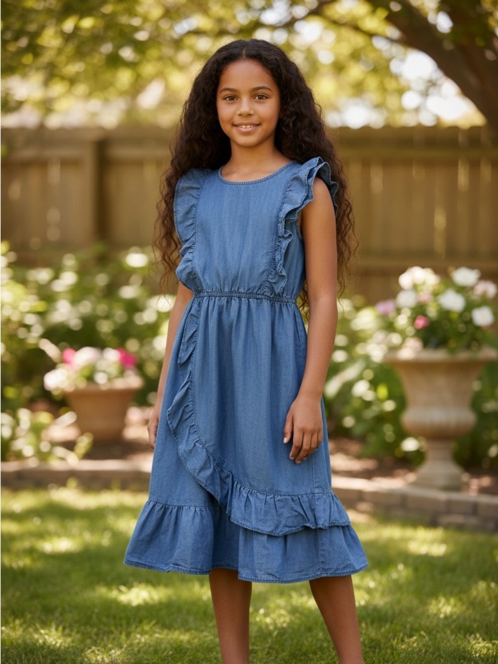 Wonder Nation Girls Chambray Ruffle Dress Size Large 10-12 Blue Sleeveless
